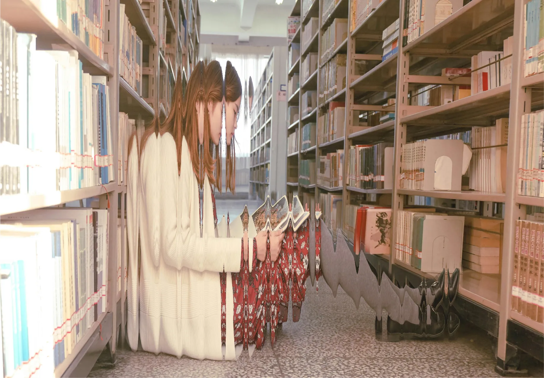 Una mujer leyendo en una biblioteca, imagen con efecto visual de desplazamiento — Hidden Stories